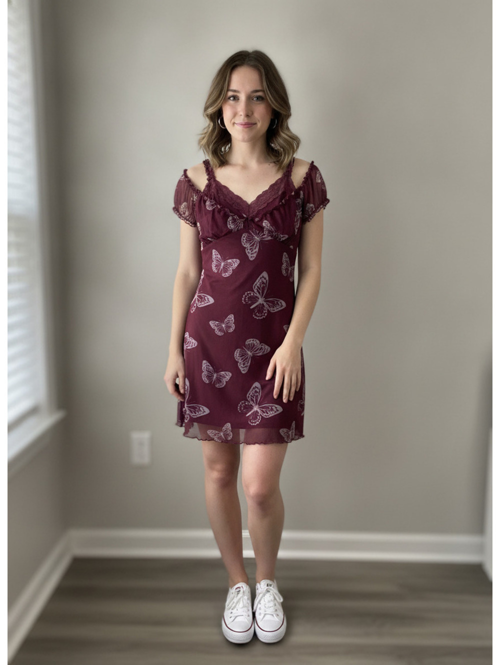 Burgundy Butterfly Print Dress with Lace Trim Size S
